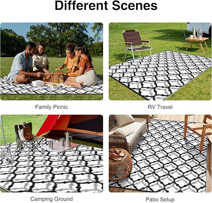 OLANLY Reversible Outdoor Rug 9x12 ft Clearance, Waterproof Outdoor Plastic Straw Rug with Interlacing Pattern, RV Mat for Patio, Camping, Balcony, Deck, Backyard, Black & White