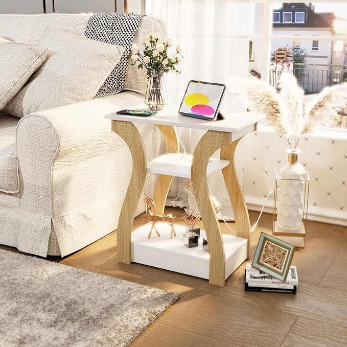 End Table with Charging Station, Side Table with USB Ports and Outlets, 3 Tier Nightstand Sofa Table for Small Spaces, Beside Table with Storage Shelf for Living Room, Bedroom
