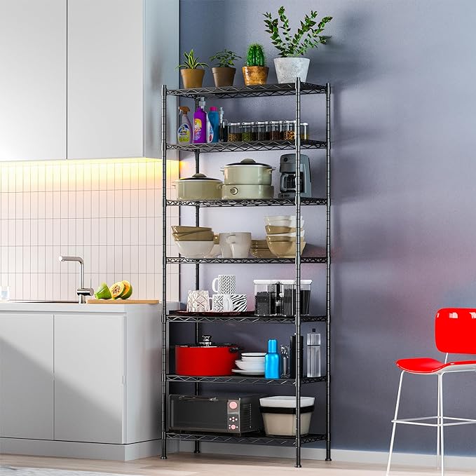 REGILLER 7-Tier Metal Storage Rack Adjustable Shelf,Storage Unit Shelf for Laundry Bathroom Kitchen Pantry Closet(Black,13.9" D x 23.9" W x 71.6" H)