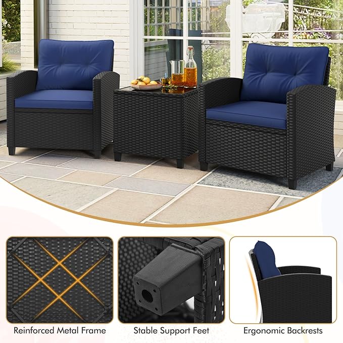 RELAX4LIFE 3-Piece Patio Furniture Set - Wicker Rattan Bistro Sofa w/Glass Top Coffee Table, Washable Cushions for Porch Balcony Backyard Poolside, Outdoor Conversation Set (Navy)