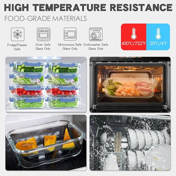 UMEIED 10 Pack Glass Food Storage Containers with Lids Leakproof, Airtight Glass Meal Prep Containers For Lunch, On The Go, Leftover, Dishwasher Safe