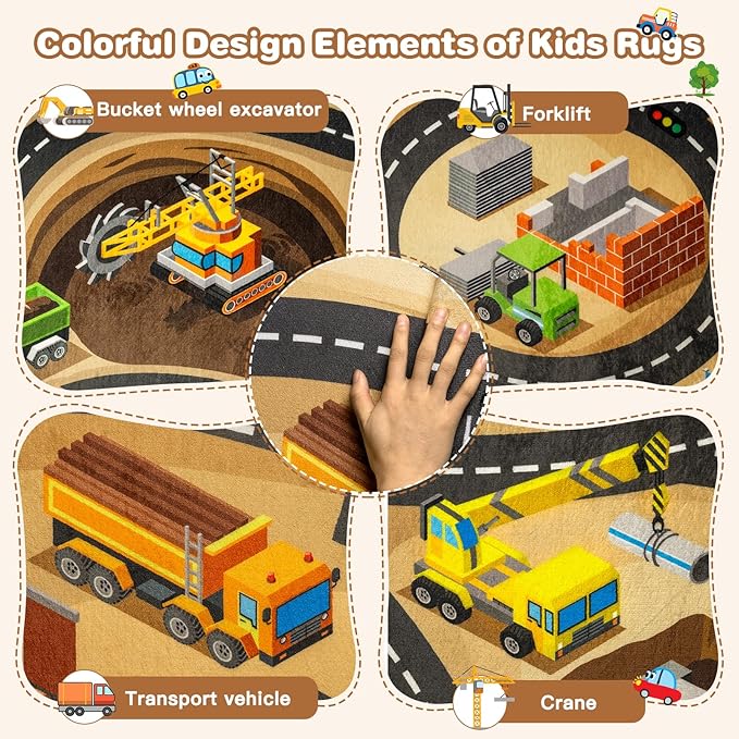 Kids 4x6 Ft Construction Site Car Rug - Extra Thick (0.4in),Tufted Wool & Rubber, Non-Slip, Stain & Fade Resistant, Machine Washable, Rustic Cartoon Construction Site Pattern