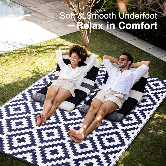 OLANLY Waterproof Outdoor Rug 8x10 ft, Outdoor Plastic Straw Rug for Camping, RV Mat Outside, Indoor Outdoor Carpet for Porch, Deck, Backyard, Balcony, Picnic, Navy & White