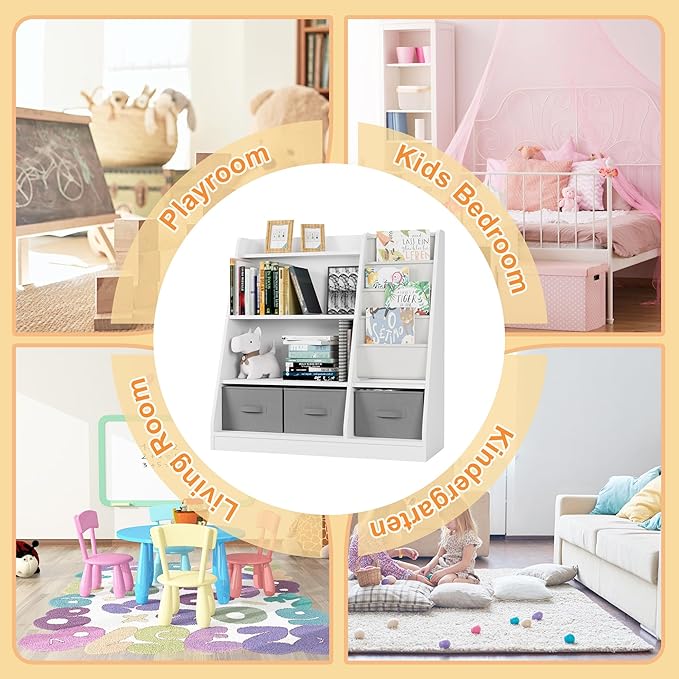 White Kids Bookshelf Wood Montessori Toy Storage Organizer Cabinet Shelf Child Bookcase Toddler Baby Sling Book Rack 3 Cube Bin Fabric Drawers for Playroom Bedroom Nursery School