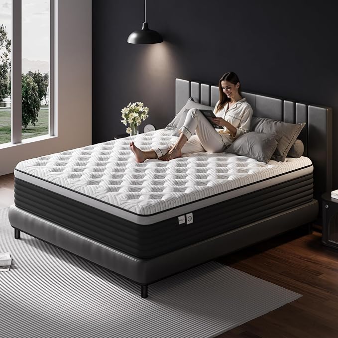COOLMI King Size Mattress, 12 Inch Hybrid Memory Foam Mattress in a Box, Pressure Relief for Back Support, Medium Firm, Individually Pocket Springs, 100-Night Trial & CertiPUR-US Certified,Grey King