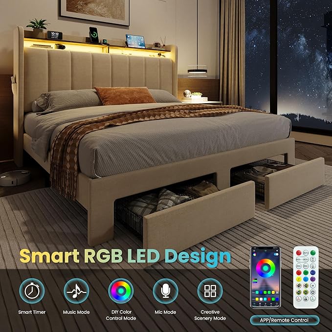 SHA CERLIN Queen Platform Bed Frame with Vertical Channel Tufted Wingback Headboard & 2 Storage Drawers/2-Tier Shelves with LED Lights & Charging Station/Noise-Free/No Box Spring Needed/Beige