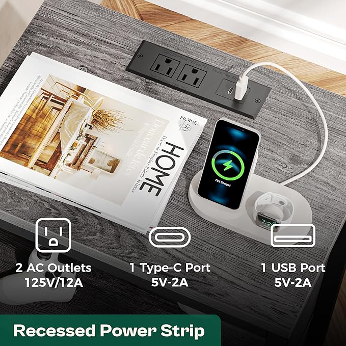 Huuger Nightstands Set of 2, 27.6 Inch End Tables with Charging Station, Fabric Drawers, Bedside Tables with USB Port and Outlet, Night Stands for Bedroom, Charcoal Gray