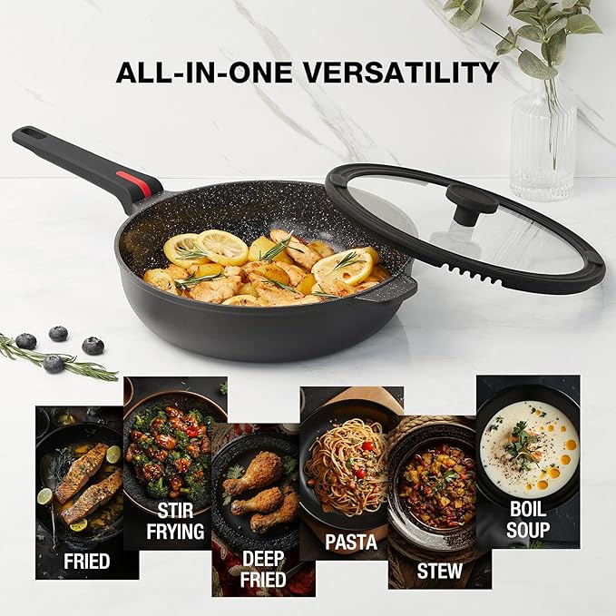 PekGema Nonstick Deep Frying Pan Skillet, Ceramic 12 Inch/4.5 Quart Saute Pan With Lid, Induction Pan, Healthy Non Toxic Cooking Pan With Helper Handle, PFOA PTFE FREE, Black