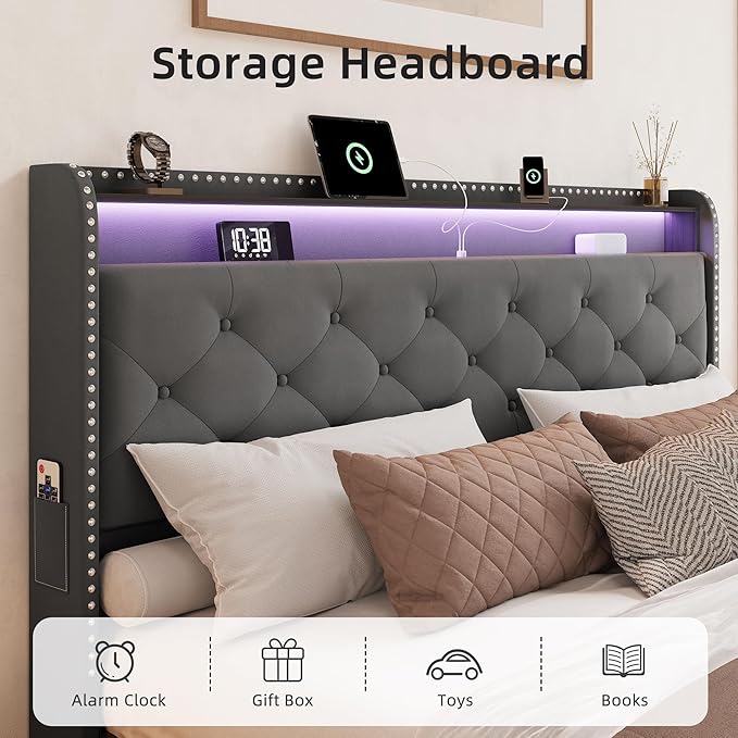 BRELTAM Bed Frame Queen Size with LED and Charging Station Upholstered Velve Tufed Bed Frame with 4 Storage Drawers,Platform Bed with Headboard Heavy Duty Wood Slats, Noise Free, Easy Assembly,Grey