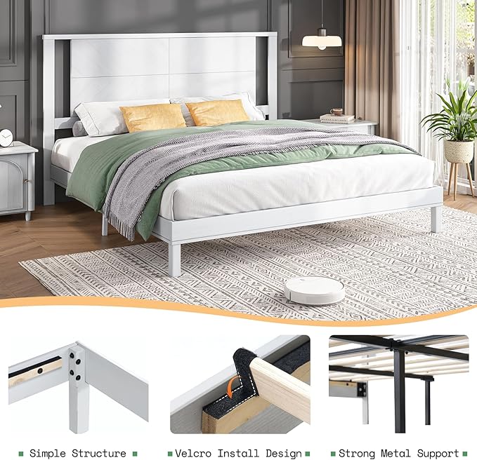 AMERLIFE Solid Wood Queen Size Bed Frame with Headboard, Rustic Style Platform Bed Frame with Under-Bed Storage, No Box Spring Needed, Noise Free, Easy Assembly, Antique White