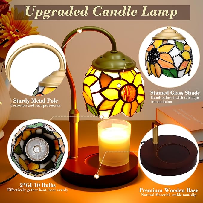 Candle Warmer Lamp with Timer Dimmer, Adjustable Height Candle Warmer for Jar Candles, Birthday Gifts for Women New Home Bedroom Decor Tiffany Sunflower Style Stained Glass with 2 Bulbs