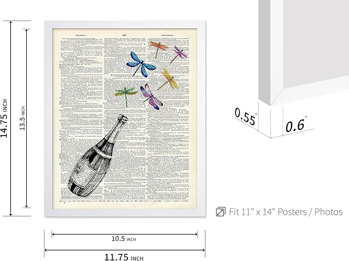 Poster Master Dictionary Art Poster - Champagne Bottle Print - Dragonfly Art - Alcohol Art - Gift for Men, Women & Bartender - Great Decor for Bar, Kitchen or Restaurant, 11x14 White Framed