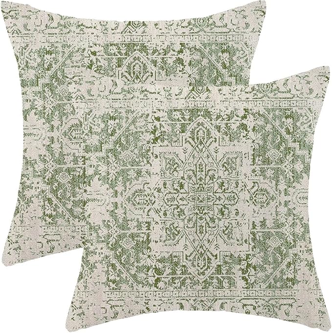 BETGINY Sage Green Ethnic Boho Throw Pillow Covers 22 x 22 Inch Pack of 2, Bohemian Carpet Pattern Decorative Pillow Cases Vintage Outdoor Linen Farmhouse Cushion Case for Bedroom Home Sofa Decor