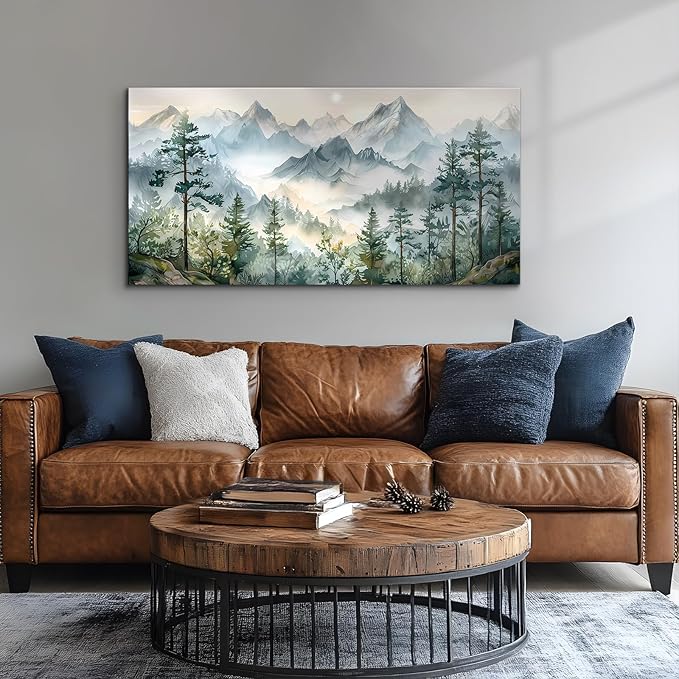 SERIMINO Large Canvas Wall Art for Living Room, Mountain Forest Landscape Canvas Prints Paintings, Nature Scenery Wall Decor, Green Modern Home Bedroom Bathroom Pictures Home Decor 30"X60"
