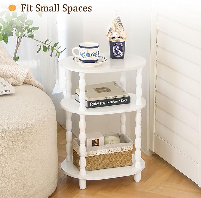 MaxSmeo White Side Table, 3-Tier Small Oval End Table, Modern Night Stand Wood Accent Table for Living Room, Bedroom, White