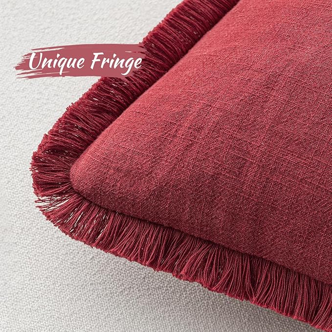 MIULEE Decorative Throw Pillow Covers Neutral Linen Fringe Throw Pillows Set of 2 Burgundy Boho Farmhouse Cushion Covers with Tassels for Couch Sofa Bed Living Room Spring Home Decor 20x20 Inch