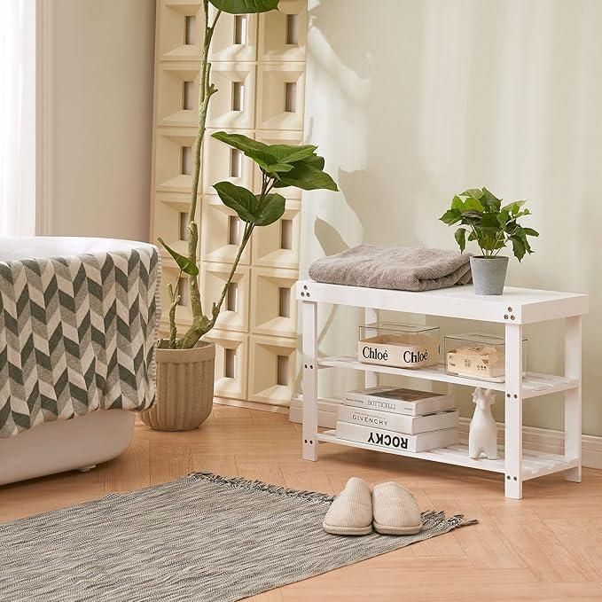Apicizon Bamboo Shoe Rack for Entryway, 3-Tier Shoe Rack Bench for Front Indoor Entrance, Small Shoe Organizer with Storage, White
