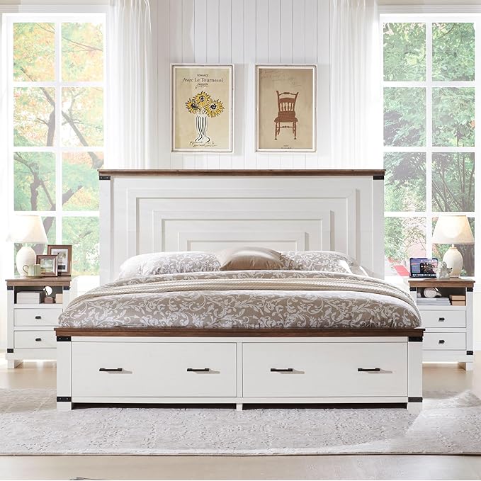T4TREAM Farmhouse Queen Size Bed Frame with 54" Tall Geometric Headboard & 2 Large Storage Drawers, Rustic Wood Platform Bed with Wood Slats Support, No Box Spring Needed, Antique White