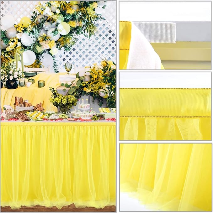 Suppromo Yellow Tulle Table Skirts for Rectangle Tables or Round Tables 9ft Tutu Table Skirts for Birthday Party Girls Boys Baby Shower Wedding Cake Dessert Decorations