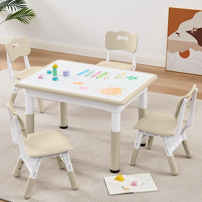 Adjustable Kids Table Chairs Set – Graffiti Desktop, Multi-Activity Height-Adjustable Toddler Study Desk for Ages 3-8 – Ideal for Home, Classroom, Daycare (B-Wood, 4 Chairs-31.5" L x 23.6" W)