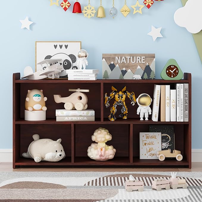 Kids Book Shelf Set of 2, 5 Cubes Storage Organizer Montessori Shelf, Wooden Kids Bookcase, Toy Storage Organizer for Children, Cherry Toddler Bookshelf Cube Shelf for Kid’s Room, Classroom