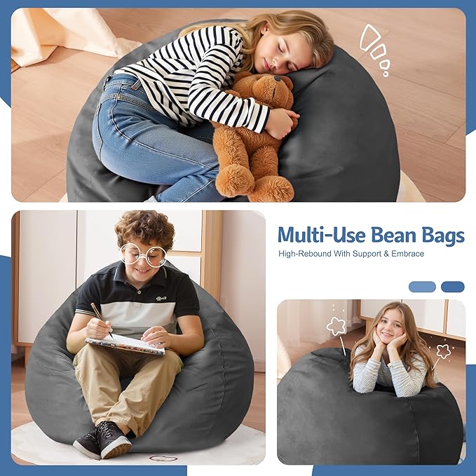 Homguava 2FT Bean Bag Chair: 2' Bean Bags with Memory Foam Filled,Comfy Beanbag Chairs Round Bean Bag Sofa with Dutch Velvet Cover-Grey