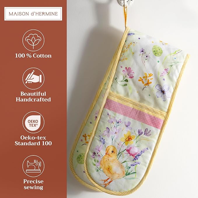 Maison d' Hermine Double Oven Mitts 100% Cotton 7"x35" Double Oven Mitt Heat Resistant BBQ Cooking Gloves with Loop, Baking, Grilling, Home, Kitchen, Handling Hot Pans Spring Summer (Easter Zest)