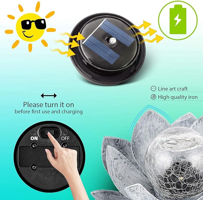 Huaxu Solar Lights Outdoor Garden, Crackle Globe Glass Lotus Decor, Waterproof LED Metal Flower Decorations for Patio,Lawn,Walkway,Tabletop,Ground
