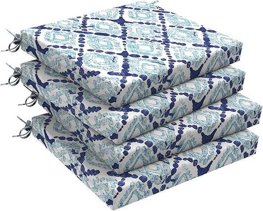 Set of 4 Outdoor Square Chair Cushions 18.5"x16"x2" for Patio, Water Resistant Patio Dining Seat Pads Replacement for Kitchen Garden and Outdoor Furniture Decoration - Boho Geometry Blue