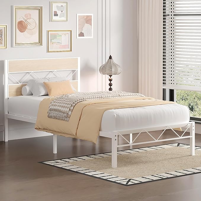 VECELO Twin Size Bed Frame with Headboard, Heavy-Duty Platform Bedframe with Metal Slats Support, No Box Spring Needed, Easy Assembly, White & Natural