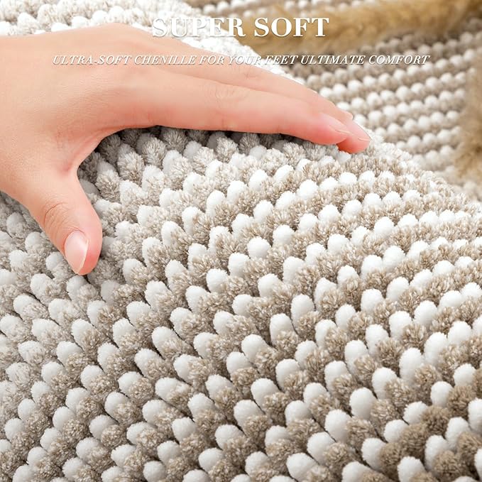 BSICPRO Bathroom Rugs and Mats Sets, 2 Piece Thick Absorbent Chenille Non Slip, Soft Shaggy Floor Mats, Machine Washable (Light Taupe, 20" x 47" Plus 16" x 24")