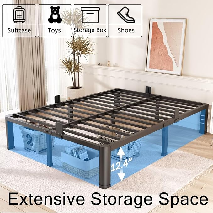 14 Inch California King Bed Frame with Rounded Corner and Headboard Hole Mattress Retainers 3500 LBS Metal Heavy Duty Steel Slats Support No Box Spring Needed Platform Noise Free Easy Assembly