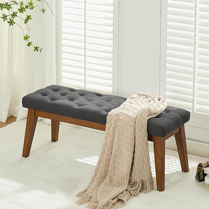 43.5'' Linen Bedroom Bench, Upholstered End of Bed Bench with Tufted Button, Padded Vintage Dining Bench, Entryway Bench with Solid Wood Legs, Kitchen, Living Room, Hallway, Dark Grey Tufted