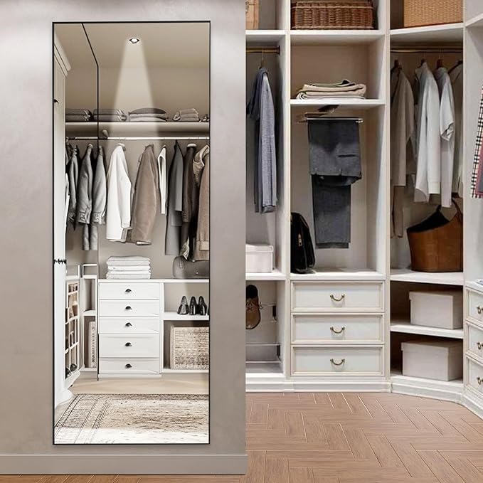 OLIXIS Full Length Mirror 64"x 21" for Bedroom, Full Body Mirror with Stand, Hanging or Leaning for Wall, Aluminum Alloy Thin Frame Floor Standing for Living Room, Long, Black