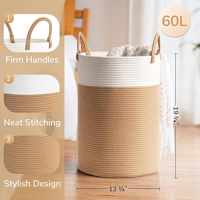 INDRESSME Large Laundry Hamper, 60L Clothes Laundry Basket, Nursery Hamper, Cotton Rope Hamper for Blankets, Hampers for Bedroom, 19.7 x 13.8 inches