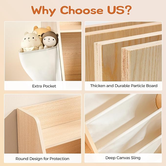 3 Tier Kids Wooden Bookshelf with Extra Pocket, Baby Toddler Bookshelf and Toy Storage Organizer with Three Layer Sling Bookcase for Kids Room Playroom Nursery Classroom