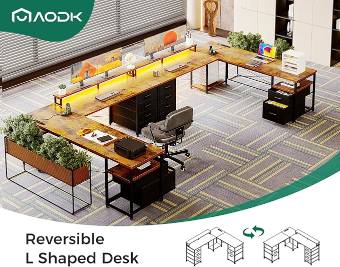 AODK 66" L Shaped Computer Desk, 113“ Reversible Home Office Desk with File Cabinet & 4 Fabric Drawers, Two Person Desk with LED Lights & Power Outlet, Corner Gaming Desk with Monitor Shelf, Vintage