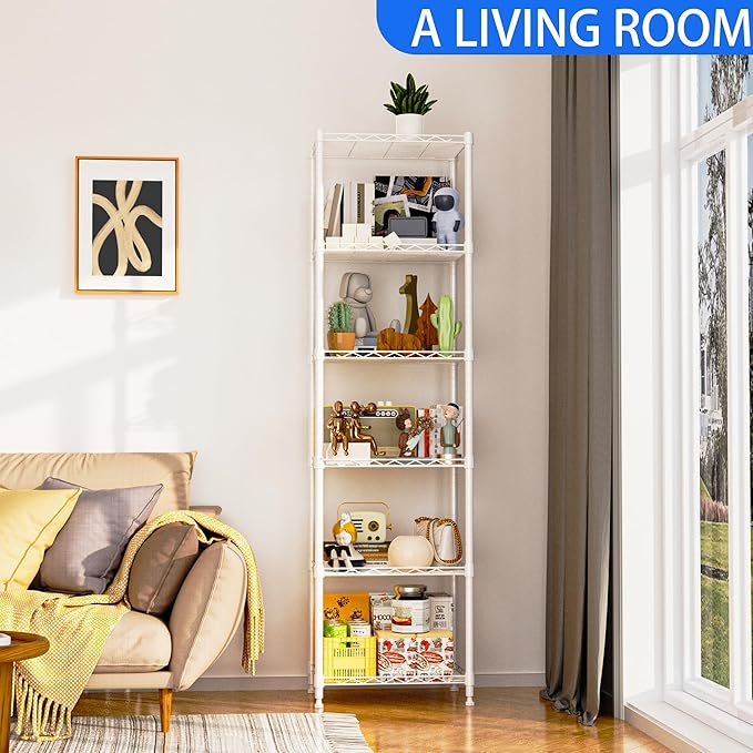 REGILLER 6 Wire Shelving Steel Storage Rack Adjustable Unit Shelves for Laundry Bathroom Kitchen Pantry Closet(White,11.7" D x 16.8" W x 63" H)