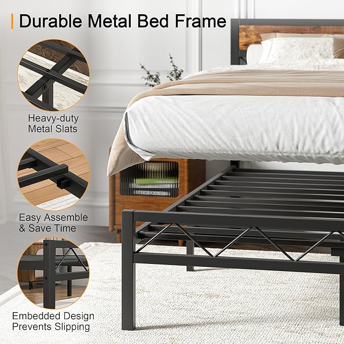 VECELO Queen Size Bed Frame with Headboard, Heavy-Duty Platform Bedframe with Metal Slats Support, No Box Spring Needed, Easy Assembly, Black & Brown