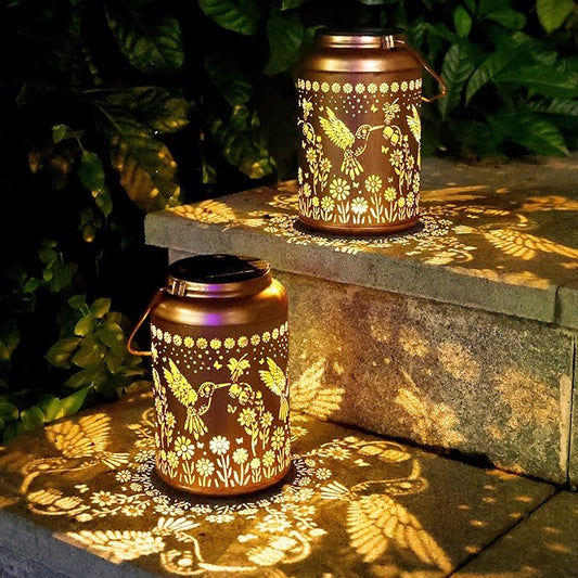 2Pack Hummingbird Solar Lanterns Outdoor Waterproof Lantern Garden Decor Gifts for Women Mom Grandma Hanging Solar Lights Metal Decoration Christmas Outside for Yard, Patio,Porch, Tabletop, Pathway