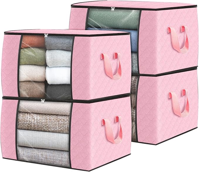 Fab totes 4 Pack Clothes Storage, Foldable Thick Fabric Blanket Storage Bags, Containers for Organizing Bedroom, Closet, Clothing, Comforter,Organization with Handle,Pink