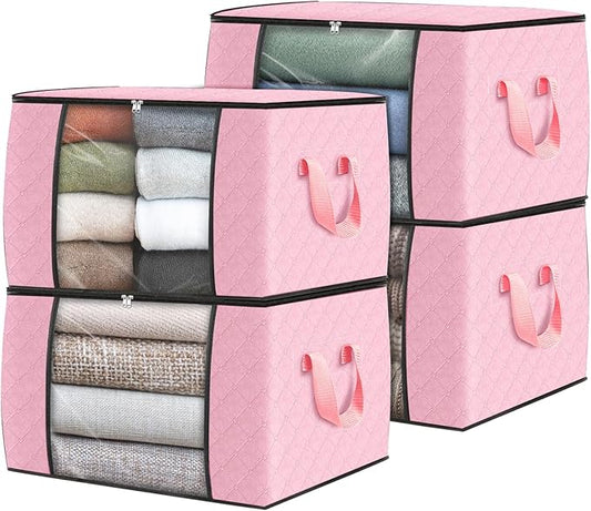Fab totes 4 Pack Clothes Storage, Foldable Thick Fabric Blanket Storage Bags, Containers for Organizing Bedroom, Closet, Clothing, Comforter,Organization with Handle,Pink