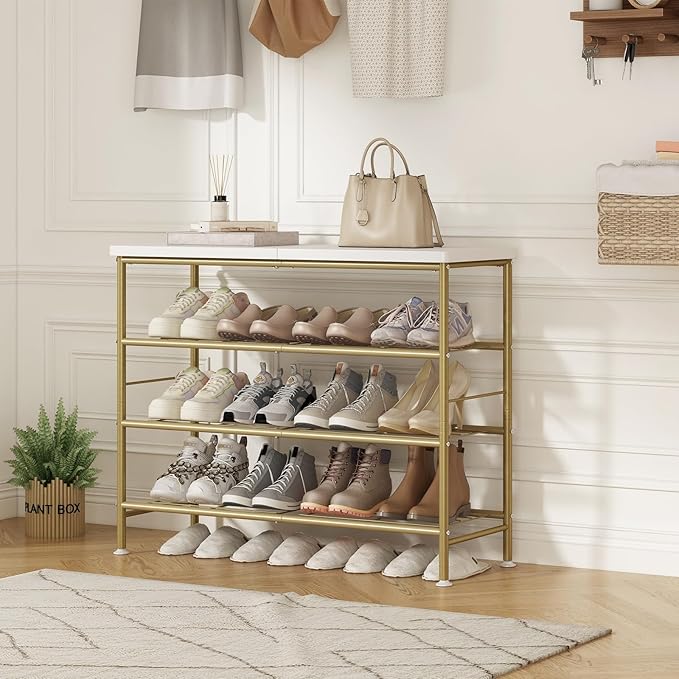 Shoe Rack Organizer 4 Tier for Closet Entryway Free Standing Metal Storage Shoe Shelf with MDF Top Board，Gold