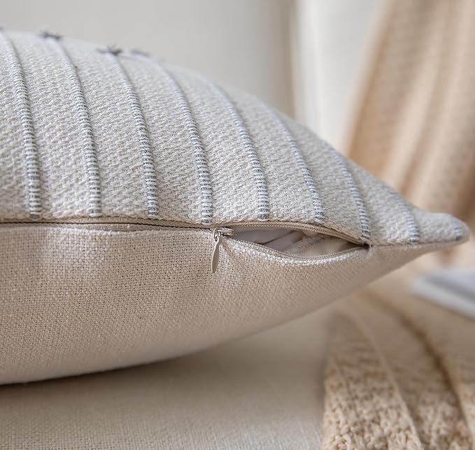 Caflife Boho Throw Pillow Covers 24x24 Set of 2 Decorative Pillows for Bed, Neutral Pillow Covers Beige with Grey Line Throw Pillows for Modern Farmhouse Couch Sofa Living Room Outdoor