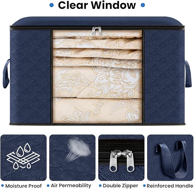 Fab totes 4 Pack Clothes Storage, Foldable Thick Fabric Blanket Storage Bags, Containers for Organizing Bedroom, Closet, Clothing, Comforter,Closet Organization with Handle,Blue