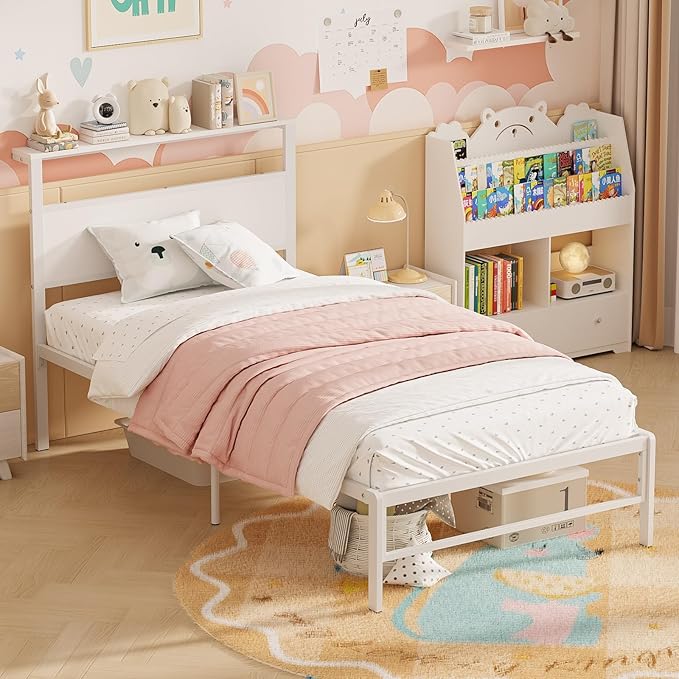 Weehom Twin Bed Frames for Kids, Twin Size Bed Frames with Wood Headboard Shelf - No Box Spring Needed White Metal Platform Bed for Girls, Boys and Students