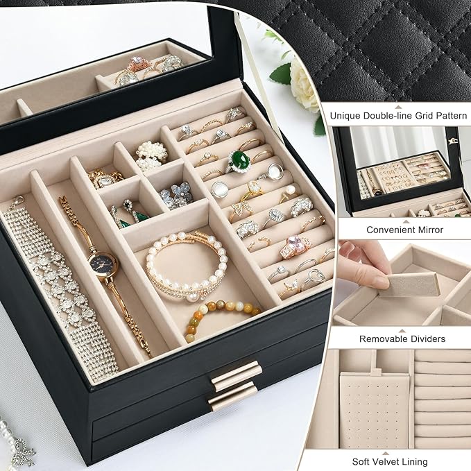Amearea Jewelry Box Organizer for Women Girls with Mirror, 3-Layer Large Jewelry Storage Case, Synthetic Leather Jewelry Holder Organizer with Removable Tray for Necklaces Earrings Rings, Black
