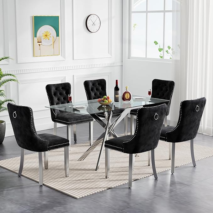 Goujxcy Glass Dining Table Set for 6, Modern Kitchen Table and Chairs Set of 6, 7-Piece Kitchen Dining Room Table Set w/61 Glass Silver Dining Table and 6 Black Velvet Upholstered Chairs
