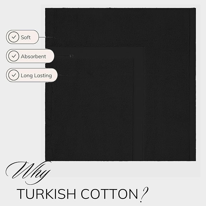 TEXTILOM Luxury 2 Pack Banded Cotton Bath Mats for Bathroom Floor [ Hotel, Spa, Tub, Shower Bath Mat Floor Towel Set ], Machine Washable & Soft & Absorbent & Quick Dry (20''x34'')- Black