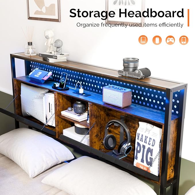 VINGLI Floating Bed Frame Queen with LED Lights and Charging Station,Sturdy Metal Platform Bed,Hidden Storage Velvet Upholstered Headboard,No Box Spring Needed,Easy Assembly